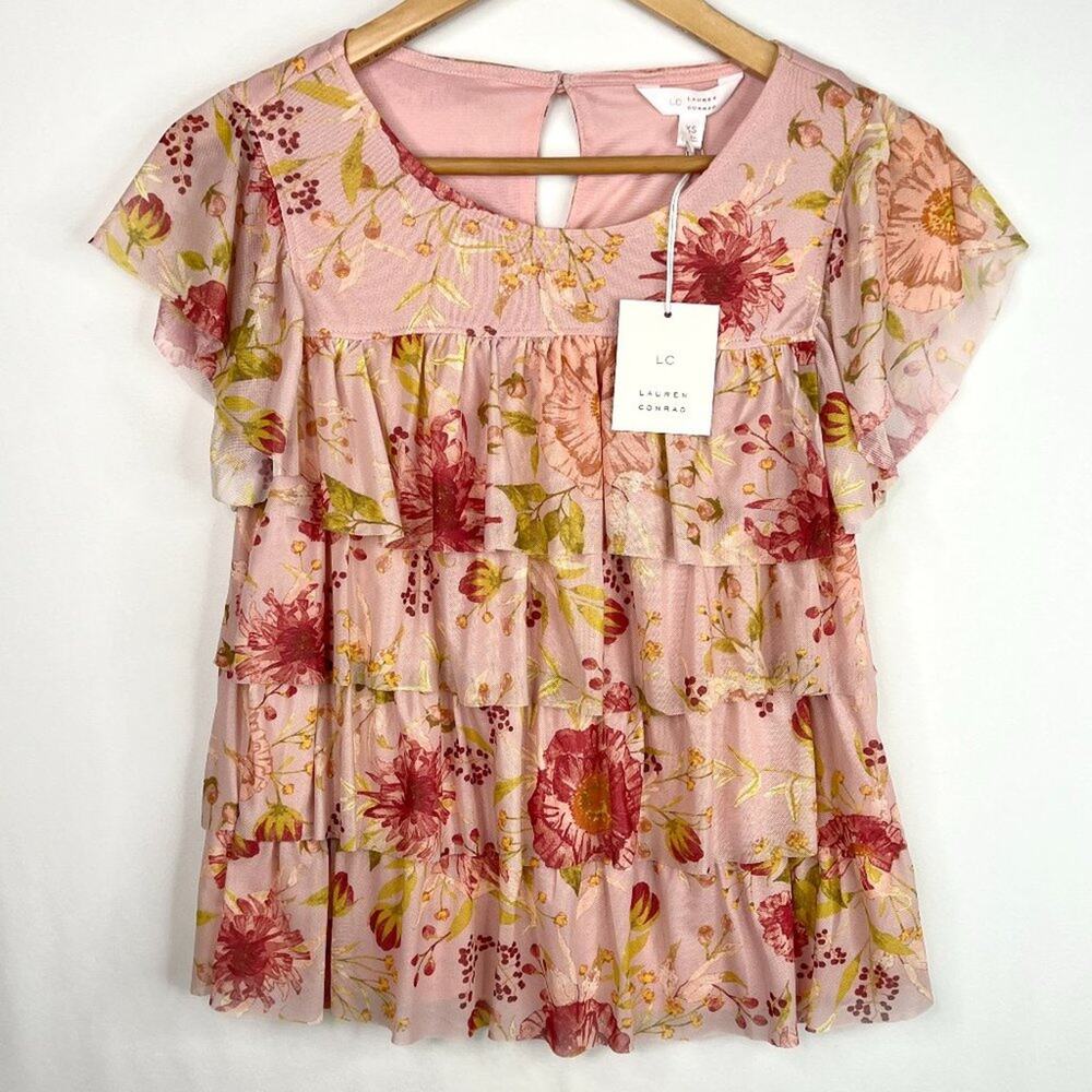 NWT LC Lauren Conrad Pink Floral Ruffle Tier Blouse XS